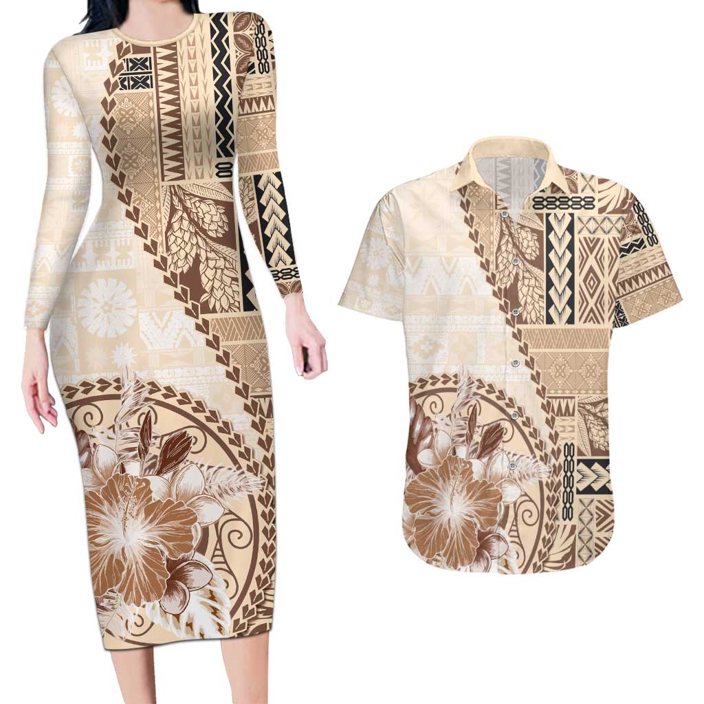 Samoa Siapo Elegant Couples Matching Long Sleeve Bodycon Dress and Hawaiian Shirt Hibiscus Beige Motifs LT05 Beige - Polynesian Pride
