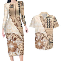 Samoa Siapo Elegant Couples Matching Long Sleeve Bodycon Dress and Hawaiian Shirt Hibiscus Beige Motifs LT05 Beige - Polynesian Pride