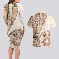 Samoa Siapo Elegant Couples Matching Long Sleeve Bodycon Dress and Hawaiian Shirt Hibiscus Beige Motifs LT05 - Polynesian Pride