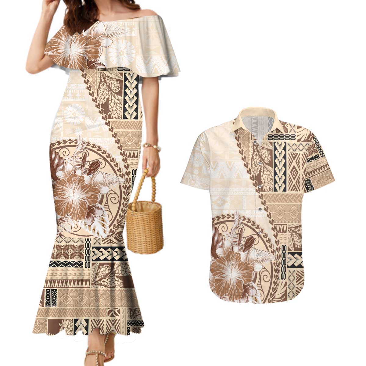 Samoa Siapo Elegant Couples Matching Mermaid Dress and Hawaiian Shirt Hibiscus Beige Motifs LT05 Beige - Polynesian Pride