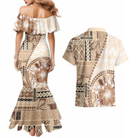 Samoa Siapo Elegant Couples Matching Mermaid Dress and Hawaiian Shirt Hibiscus Beige Motifs LT05 - Polynesian Pride