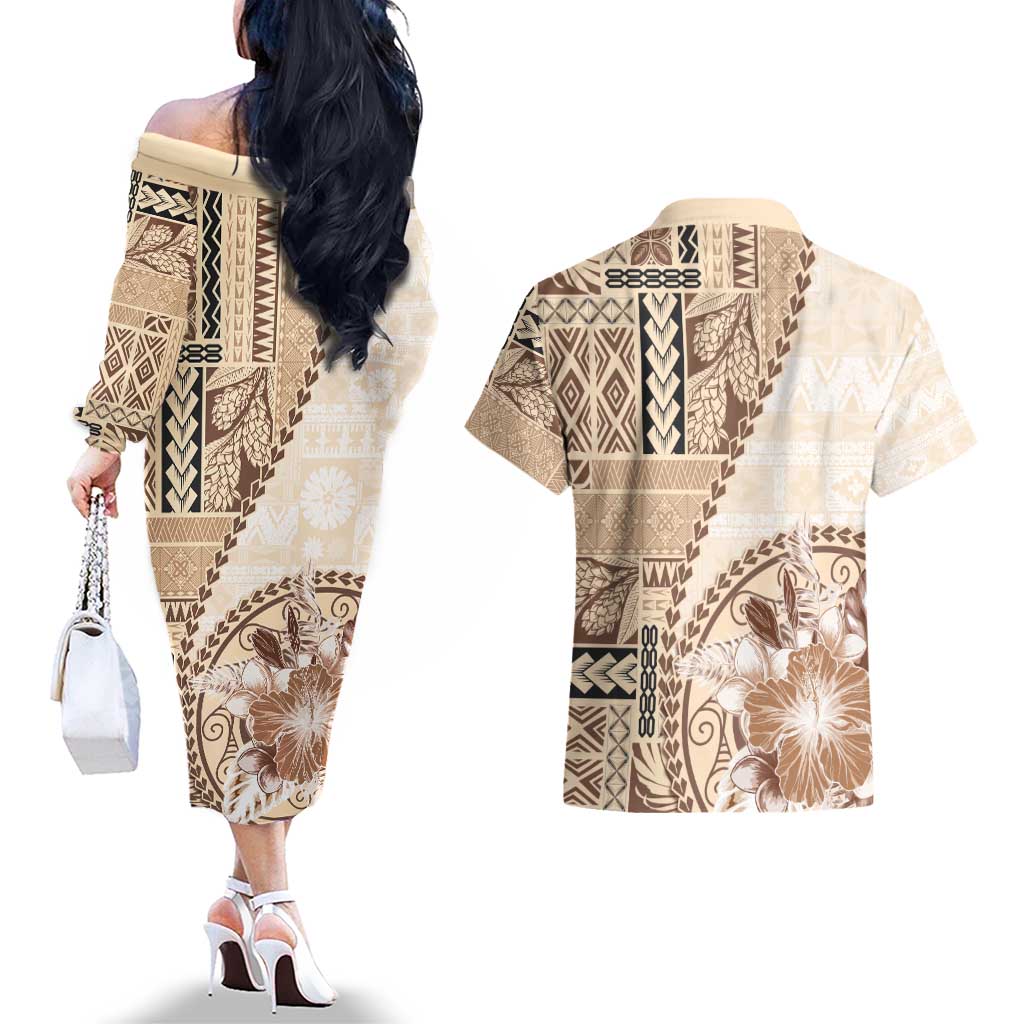 Samoa Siapo Elegant Couples Matching Off The Shoulder Long Sleeve Dress and Hawaiian Shirt Hibiscus Beige Motifs LT05 - Polynesian Pride