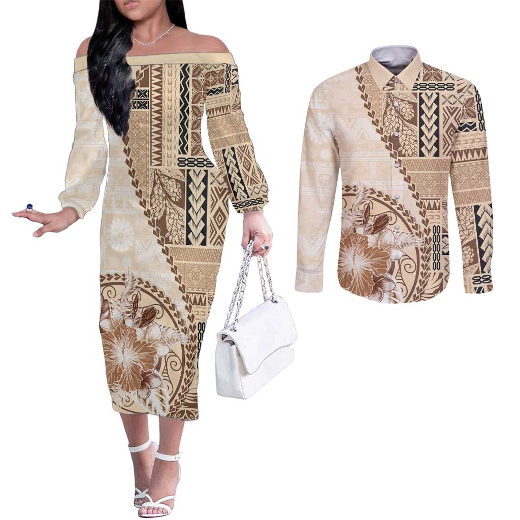 Samoa Siapo Elegant Couples Matching Off The Shoulder Long Sleeve Dress and Long Sleeve Button Shirt Hibiscus Beige Motifs LT05 Beige - Polynesian Pride