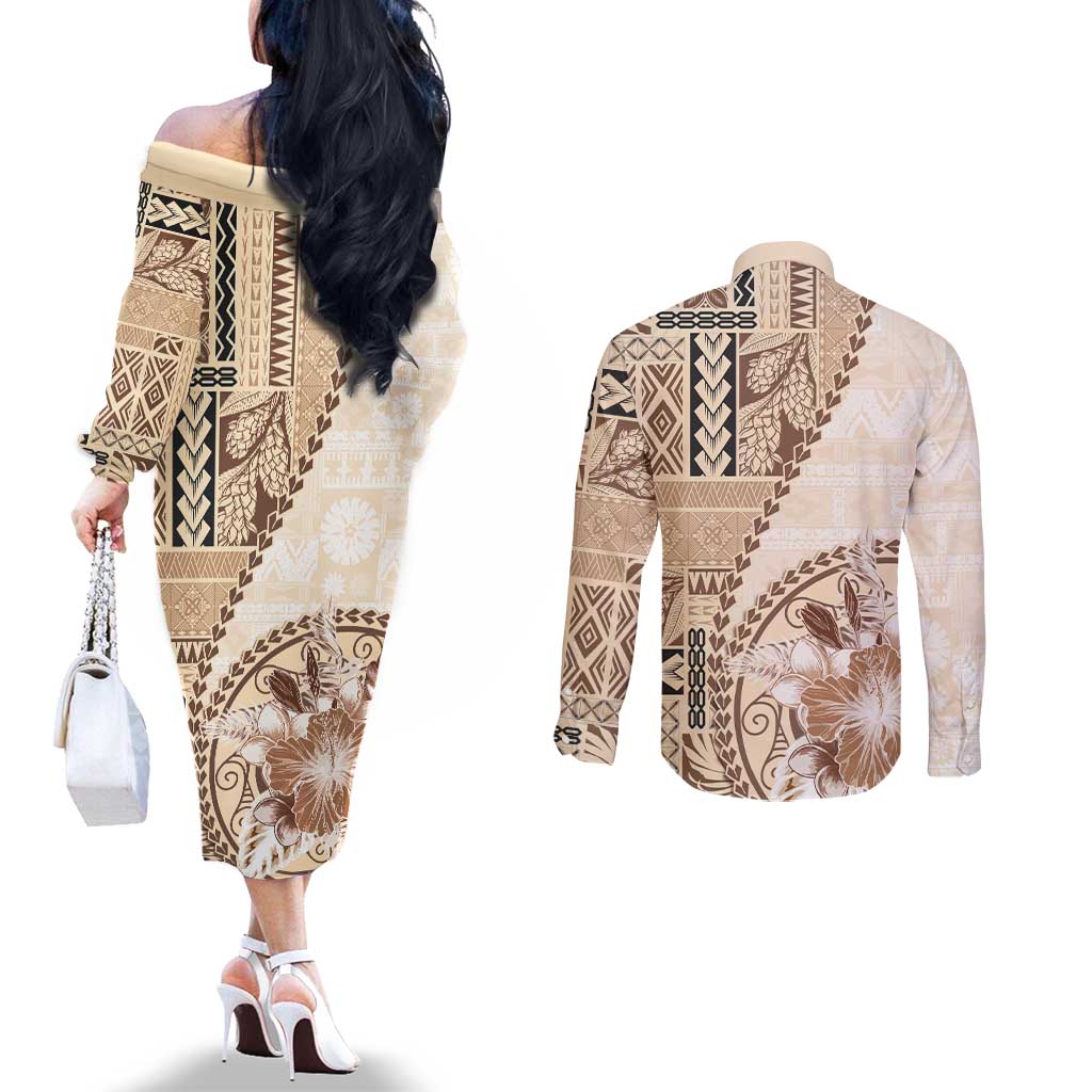 Samoa Siapo Elegant Couples Matching Off The Shoulder Long Sleeve Dress and Long Sleeve Button Shirt Hibiscus Beige Motifs LT05 - Polynesian Pride