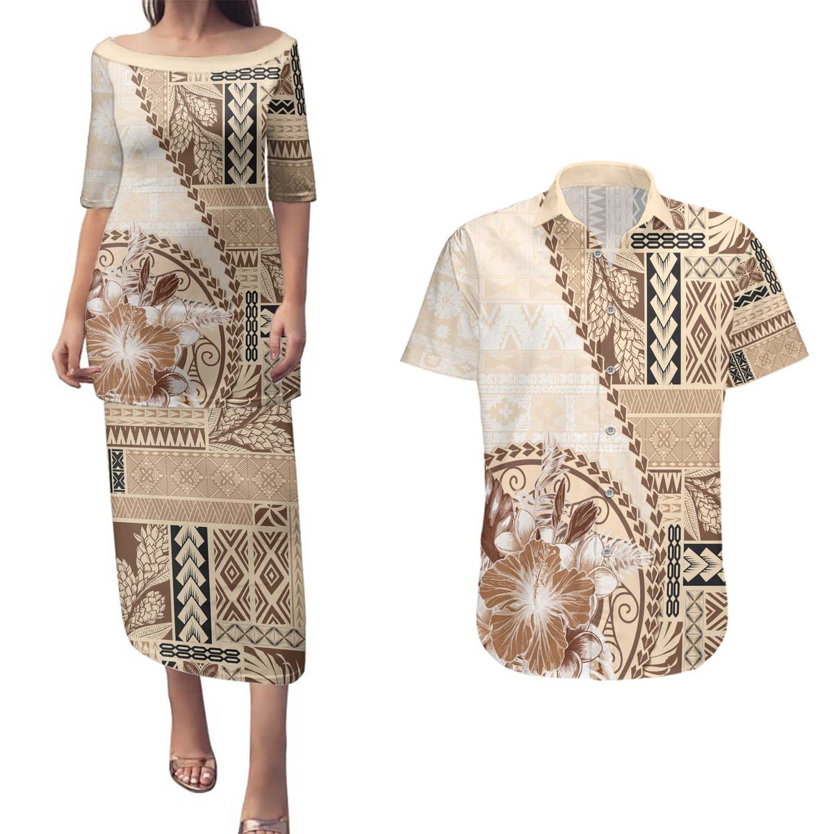 Samoa Siapo Elegant Couples Matching Puletasi and Hawaiian Shirt Hibiscus Beige Motifs LT05 Beige - Polynesian Pride