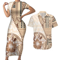 Samoa Siapo Elegant Couples Matching Short Sleeve Bodycon Dress and Hawaiian Shirt Hibiscus Beige Motifs LT05 Beige - Polynesian Pride