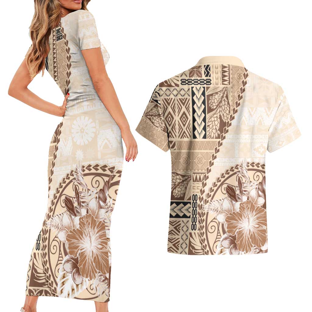 Samoa Siapo Elegant Couples Matching Short Sleeve Bodycon Dress and Hawaiian Shirt Hibiscus Beige Motifs LT05 - Polynesian Pride