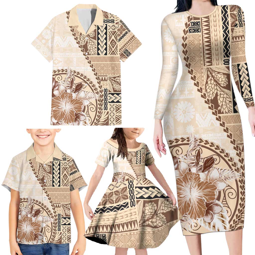 Samoa Siapo Elegant Family Matching Long Sleeve Bodycon Dress and Hawaiian Shirt Hibiscus Beige Motifs LT05 - Polynesian Pride