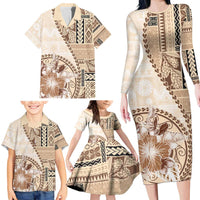Samoa Siapo Elegant Family Matching Long Sleeve Bodycon Dress and Hawaiian Shirt Hibiscus Beige Motifs LT05 - Polynesian Pride