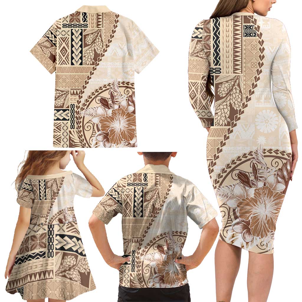 Samoa Siapo Elegant Family Matching Long Sleeve Bodycon Dress and Hawaiian Shirt Hibiscus Beige Motifs LT05 - Polynesian Pride
