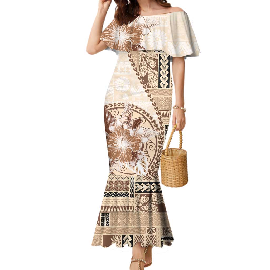 Samoa Siapo Elegant Family Matching Mermaid Dress and Hawaiian Shirt Hibiscus Beige Motifs LT05 Mom's Dress Beige - Polynesian Pride