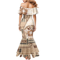 Samoa Siapo Elegant Family Matching Mermaid Dress and Hawaiian Shirt Hibiscus Beige Motifs LT05 - Polynesian Pride