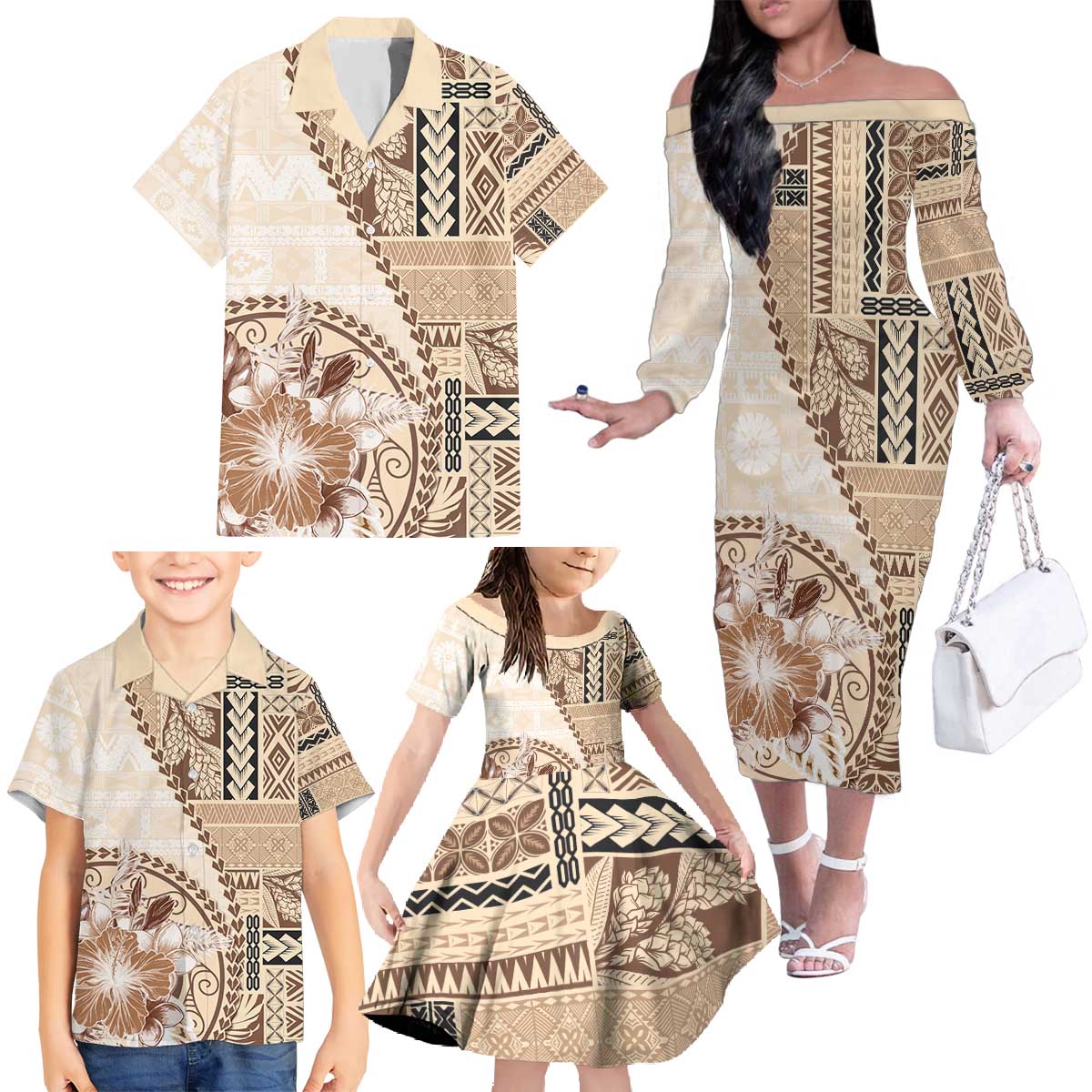 Samoa Siapo Elegant Family Matching Off The Shoulder Long Sleeve Dress and Hawaiian Shirt Hibiscus Beige Motifs LT05 - Polynesian Pride