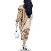 Samoa Siapo Elegant Family Matching Off The Shoulder Long Sleeve Dress and Hawaiian Shirt Hibiscus Beige Motifs LT05 - Polynesian Pride
