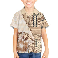 Samoa Siapo Elegant Family Matching Off The Shoulder Long Sleeve Dress and Hawaiian Shirt Hibiscus Beige Motifs LT05 Son's Shirt Beige - Polynesian Pride