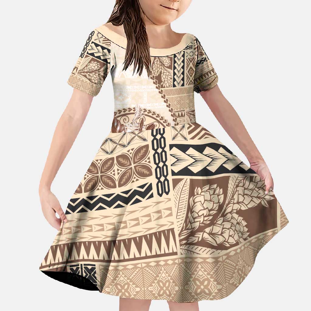 Samoa Siapo Elegant Family Matching Off Shoulder Maxi Dress and Hawaiian Shirt Hibiscus Beige Motifs LT05 Daughter's Dress Beige - Polynesian Pride