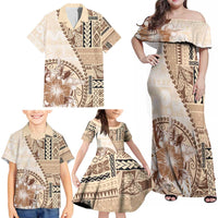 Samoa Siapo Elegant Family Matching Off Shoulder Maxi Dress and Hawaiian Shirt Hibiscus Beige Motifs LT05 - Polynesian Pride