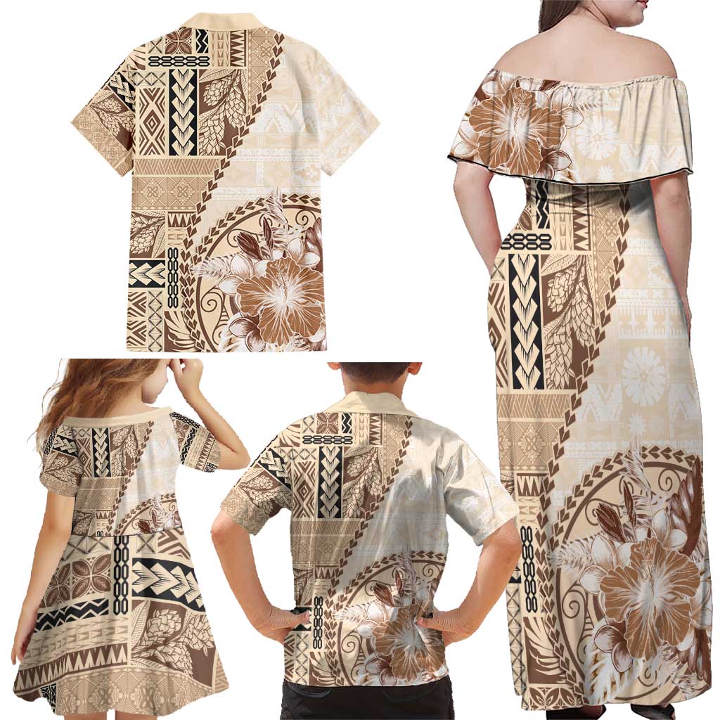 Samoa Siapo Elegant Family Matching Off Shoulder Maxi Dress and Hawaiian Shirt Hibiscus Beige Motifs LT05 - Polynesian Pride