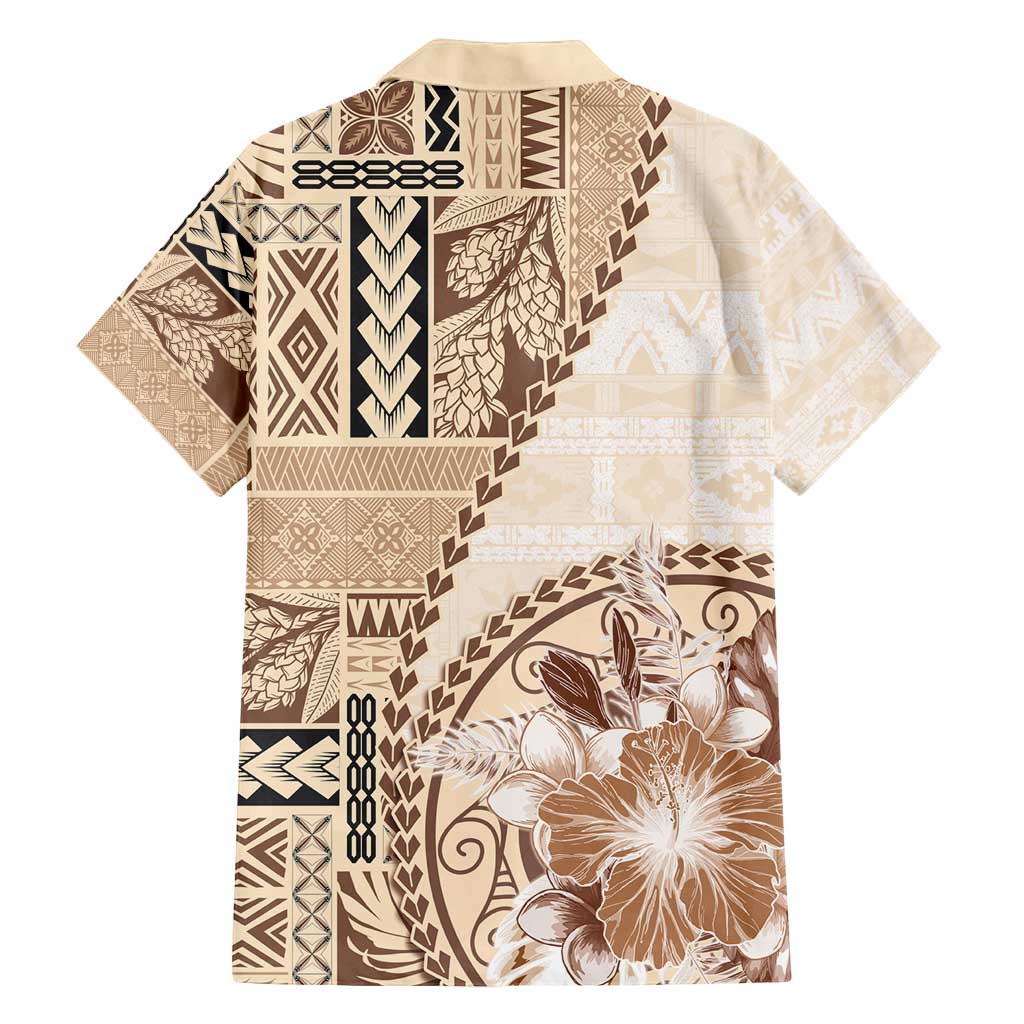 Samoa Siapo Elegant Family Matching Off Shoulder Maxi Dress and Hawaiian Shirt Hibiscus Beige Motifs LT05 - Polynesian Pride