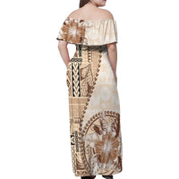 Samoa Siapo Elegant Family Matching Off Shoulder Maxi Dress and Hawaiian Shirt Hibiscus Beige Motifs LT05 - Polynesian Pride