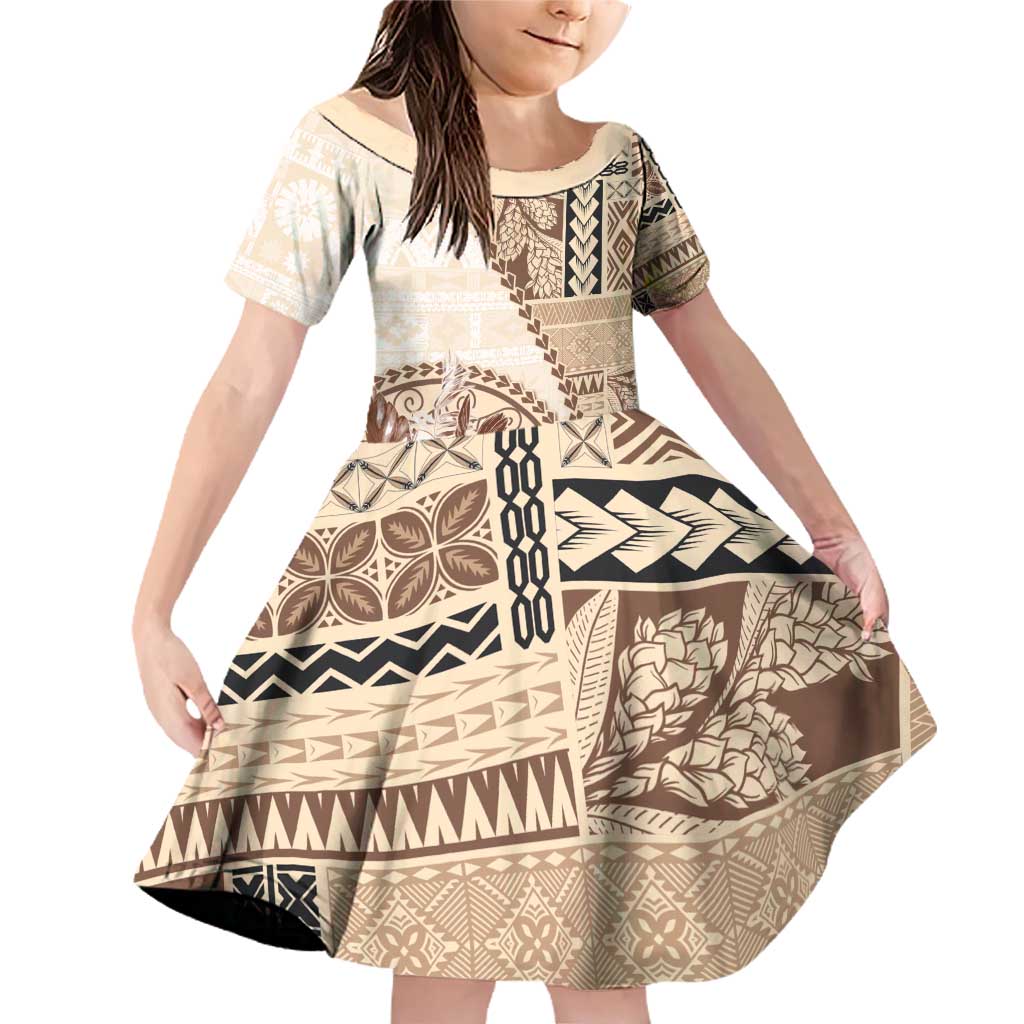 Samoa Siapo Elegant Family Matching Off Shoulder Short Dress and Hawaiian Shirt Hibiscus Beige Motifs LT05 Daughter's Dress Beige - Polynesian Pride