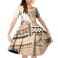 Samoa Siapo Elegant Family Matching Off Shoulder Short Dress and Hawaiian Shirt Hibiscus Beige Motifs LT05 Daughter's Dress Beige - Polynesian Pride