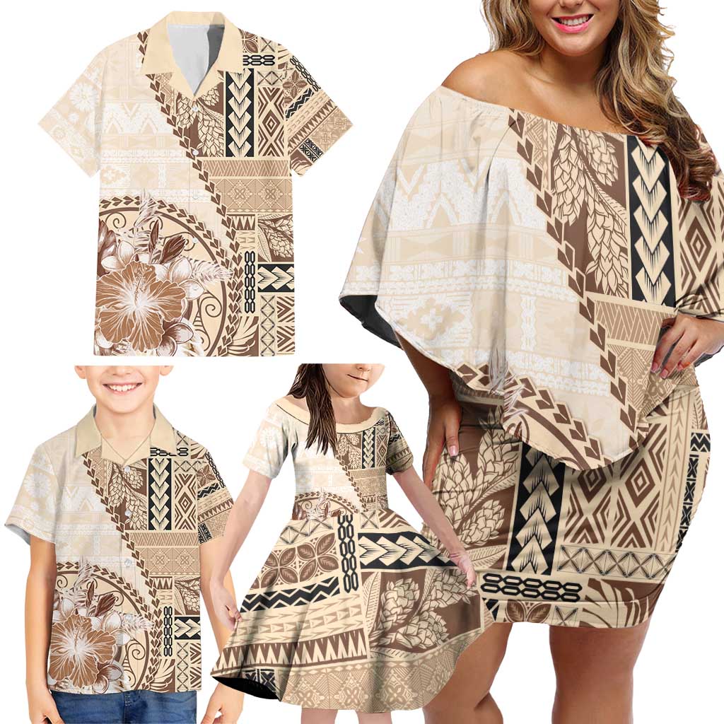 Samoa Siapo Elegant Family Matching Off Shoulder Short Dress and Hawaiian Shirt Hibiscus Beige Motifs LT05 - Polynesian Pride
