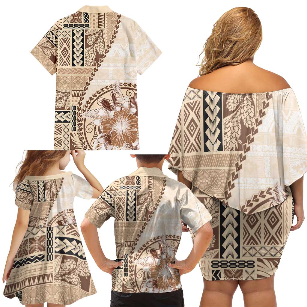 Samoa Siapo Elegant Family Matching Off Shoulder Short Dress and Hawaiian Shirt Hibiscus Beige Motifs LT05 - Polynesian Pride