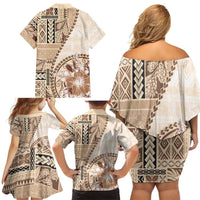 Samoa Siapo Elegant Family Matching Off Shoulder Short Dress and Hawaiian Shirt Hibiscus Beige Motifs LT05 - Polynesian Pride