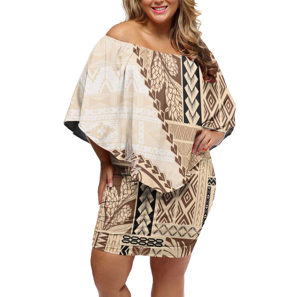 Samoa Siapo Elegant Family Matching Off Shoulder Short Dress and Hawaiian Shirt Hibiscus Beige Motifs LT05 Mom's Dress Beige - Polynesian Pride