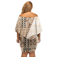 Samoa Siapo Elegant Family Matching Off Shoulder Short Dress and Hawaiian Shirt Hibiscus Beige Motifs LT05 - Polynesian Pride