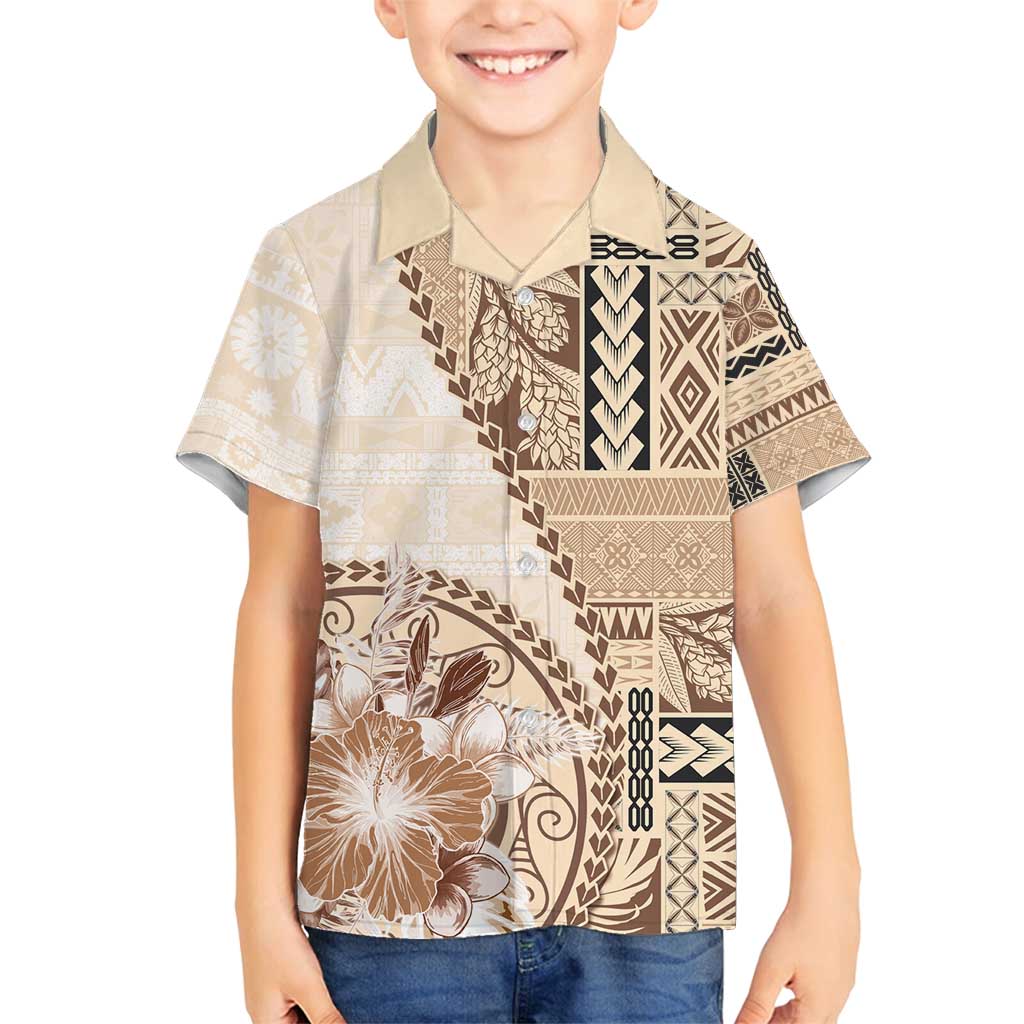 Samoa Siapo Elegant Family Matching Off Shoulder Short Dress and Hawaiian Shirt Hibiscus Beige Motifs LT05 Son's Shirt Beige - Polynesian Pride