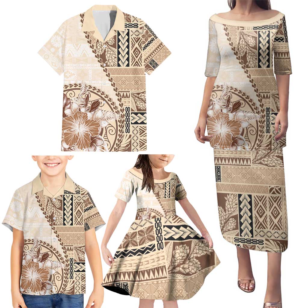 Samoa Siapo Elegant Family Matching Puletasi and Hawaiian Shirt Hibiscus Beige Motifs LT05 - Polynesian Pride