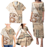 Samoa Siapo Elegant Family Matching Puletasi and Hawaiian Shirt Hibiscus Beige Motifs LT05 - Polynesian Pride