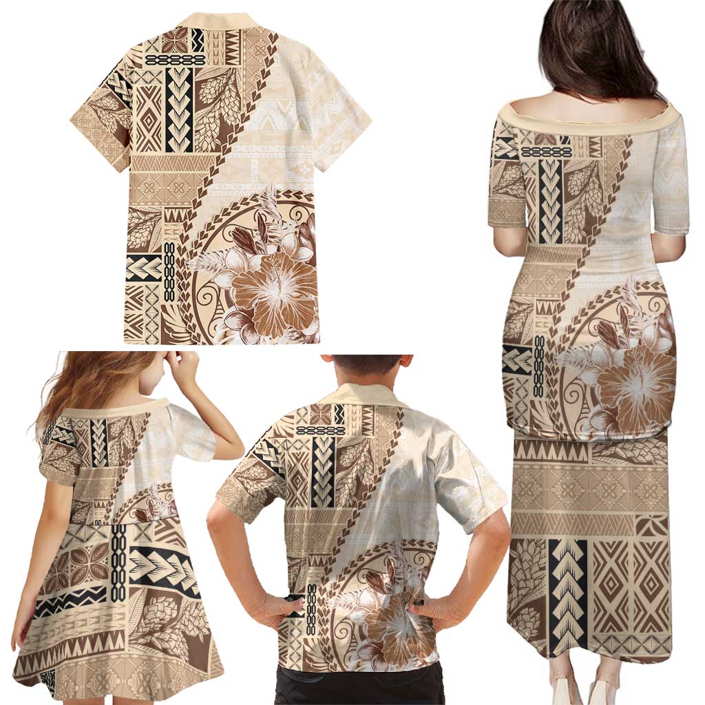 Samoa Siapo Elegant Family Matching Puletasi and Hawaiian Shirt Hibiscus Beige Motifs LT05 - Polynesian Pride