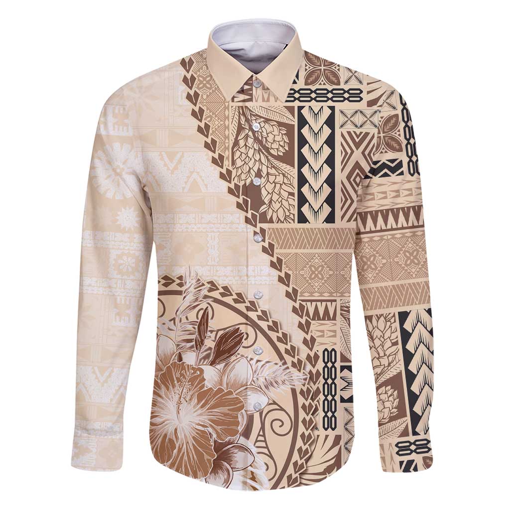 Samoa Siapo Elegant Family Matching Puletasi and Hawaiian Shirt Hibiscus Beige Motifs LT05 Dad's Shirt - Long Sleeve Beige - Polynesian Pride
