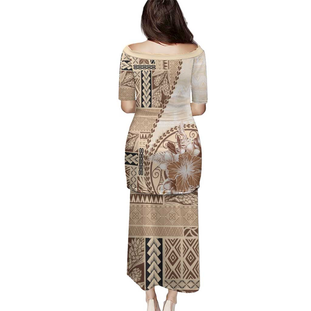 Samoa Siapo Elegant Family Matching Puletasi and Hawaiian Shirt Hibiscus Beige Motifs LT05 - Polynesian Pride