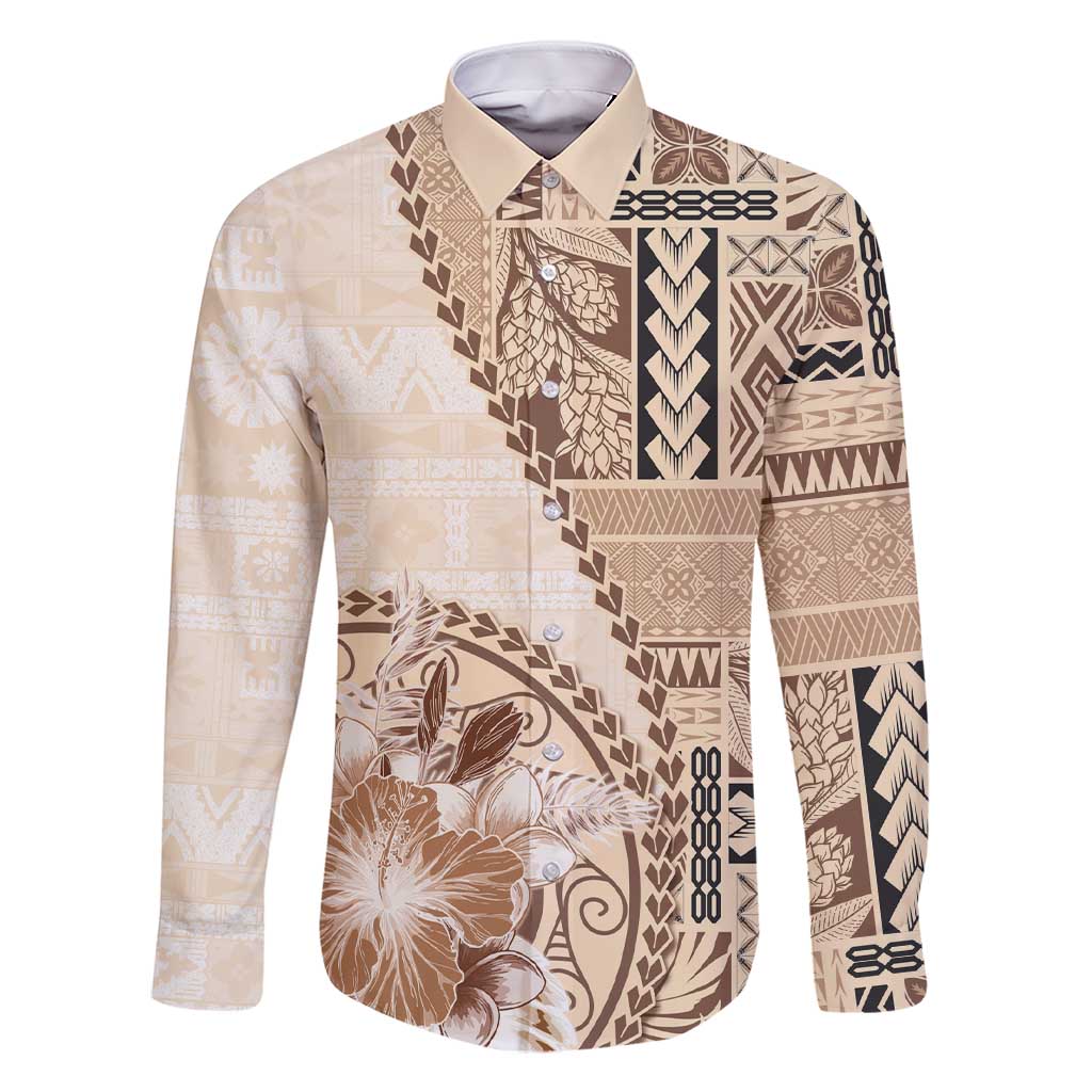 Samoa Siapo Elegant Family Matching Short Sleeve Bodycon Dress and Hawaiian Shirt Hibiscus Beige Motifs LT05 Dad's Shirt - Long Sleeve Beige - Polynesian Pride
