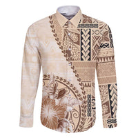Samoa Siapo Elegant Family Matching Short Sleeve Bodycon Dress and Hawaiian Shirt Hibiscus Beige Motifs LT05 Dad's Shirt - Long Sleeve Beige - Polynesian Pride