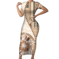 Samoa Siapo Elegant Family Matching Short Sleeve Bodycon Dress and Hawaiian Shirt Hibiscus Beige Motifs LT05 Mom's Dress Beige - Polynesian Pride