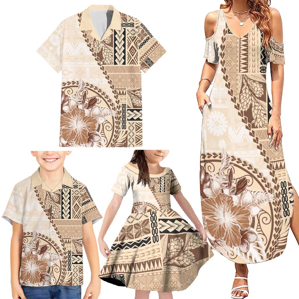 Samoa Siapo Elegant Family Matching Summer Maxi Dress and Hawaiian Shirt Hibiscus Beige Motifs LT05 - Polynesian Pride