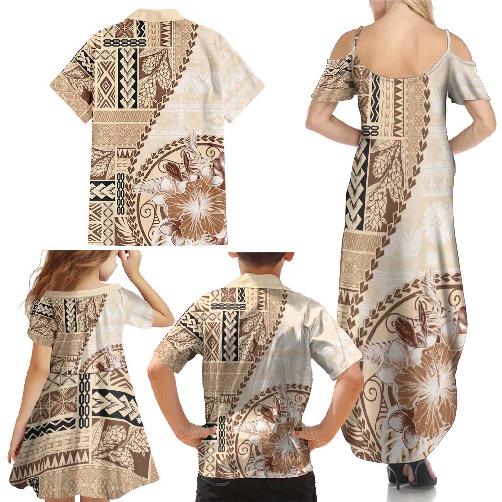 Samoa Siapo Elegant Family Matching Summer Maxi Dress and Hawaiian Shirt Hibiscus Beige Motifs LT05 - Polynesian Pride