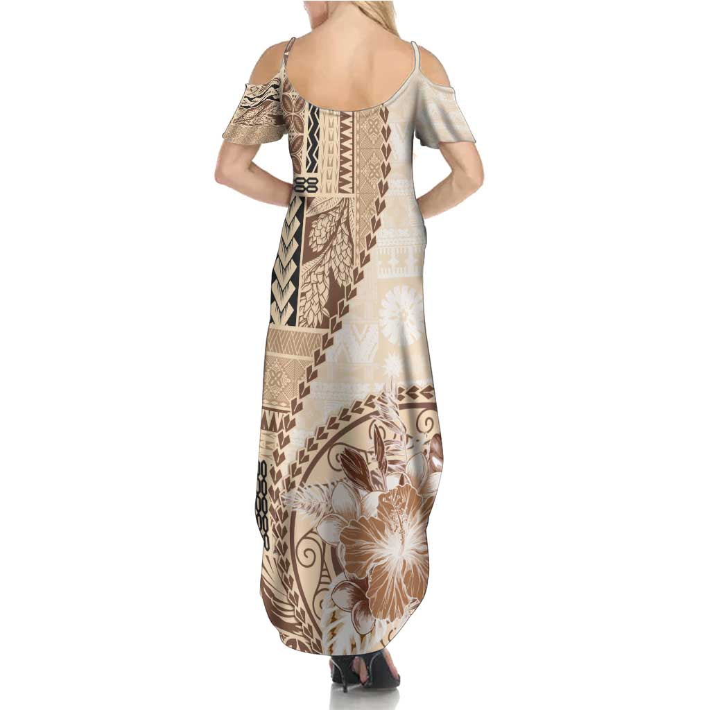 Samoa Siapo Elegant Family Matching Summer Maxi Dress and Hawaiian Shirt Hibiscus Beige Motifs LT05 - Polynesian Pride