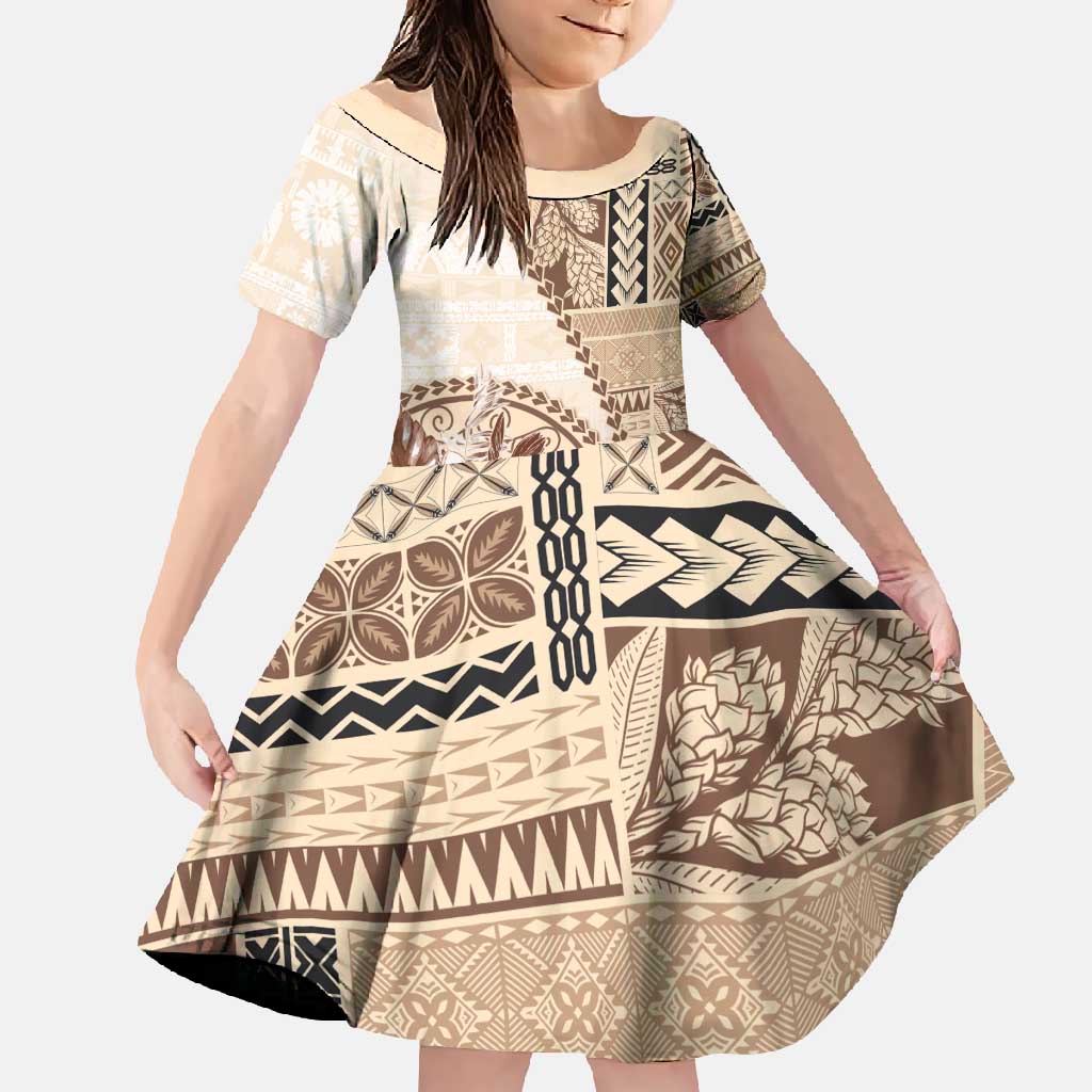 Samoa Siapo Elegant Family Matching Tank Maxi Dress and Hawaiian Shirt Hibiscus Beige Motifs LT05 Daughter's Dress Beige - Polynesian Pride