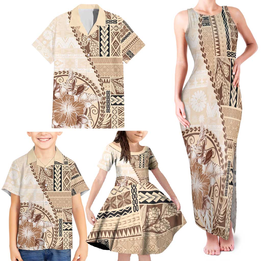Samoa Siapo Elegant Family Matching Tank Maxi Dress and Hawaiian Shirt Hibiscus Beige Motifs LT05 - Polynesian Pride