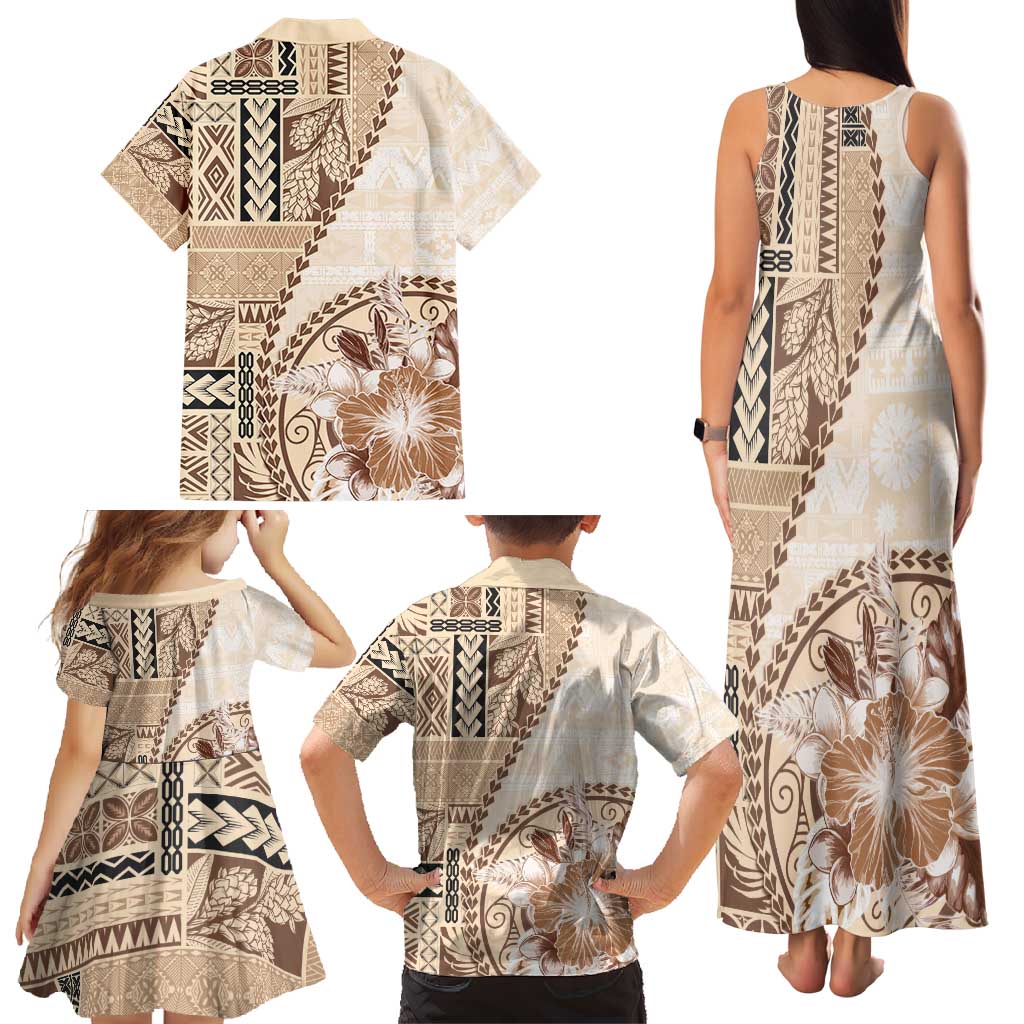 Samoa Siapo Elegant Family Matching Tank Maxi Dress and Hawaiian Shirt Hibiscus Beige Motifs LT05 - Polynesian Pride