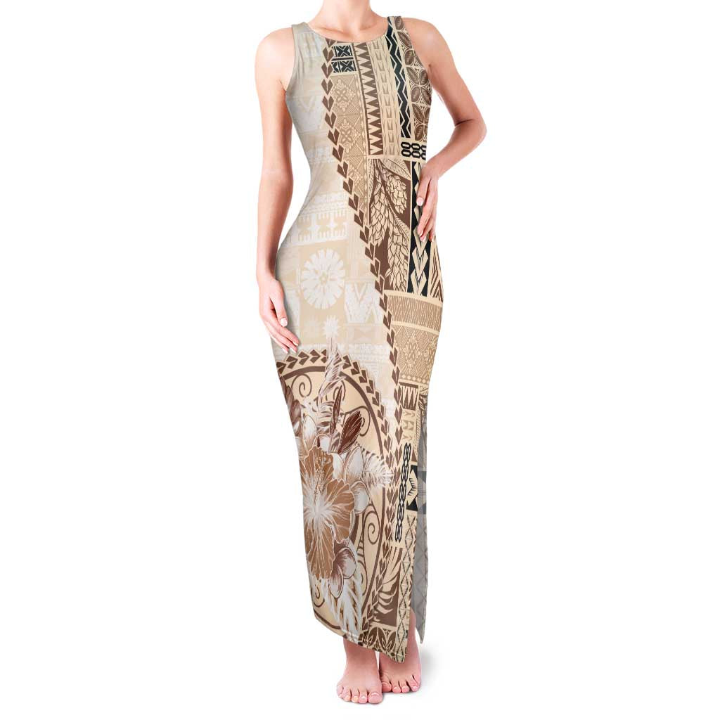 Samoa Siapo Elegant Family Matching Tank Maxi Dress and Hawaiian Shirt Hibiscus Beige Motifs LT05 Mom's Dress Beige - Polynesian Pride
