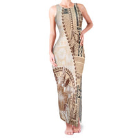 Samoa Siapo Elegant Family Matching Tank Maxi Dress and Hawaiian Shirt Hibiscus Beige Motifs LT05 Mom's Dress Beige - Polynesian Pride
