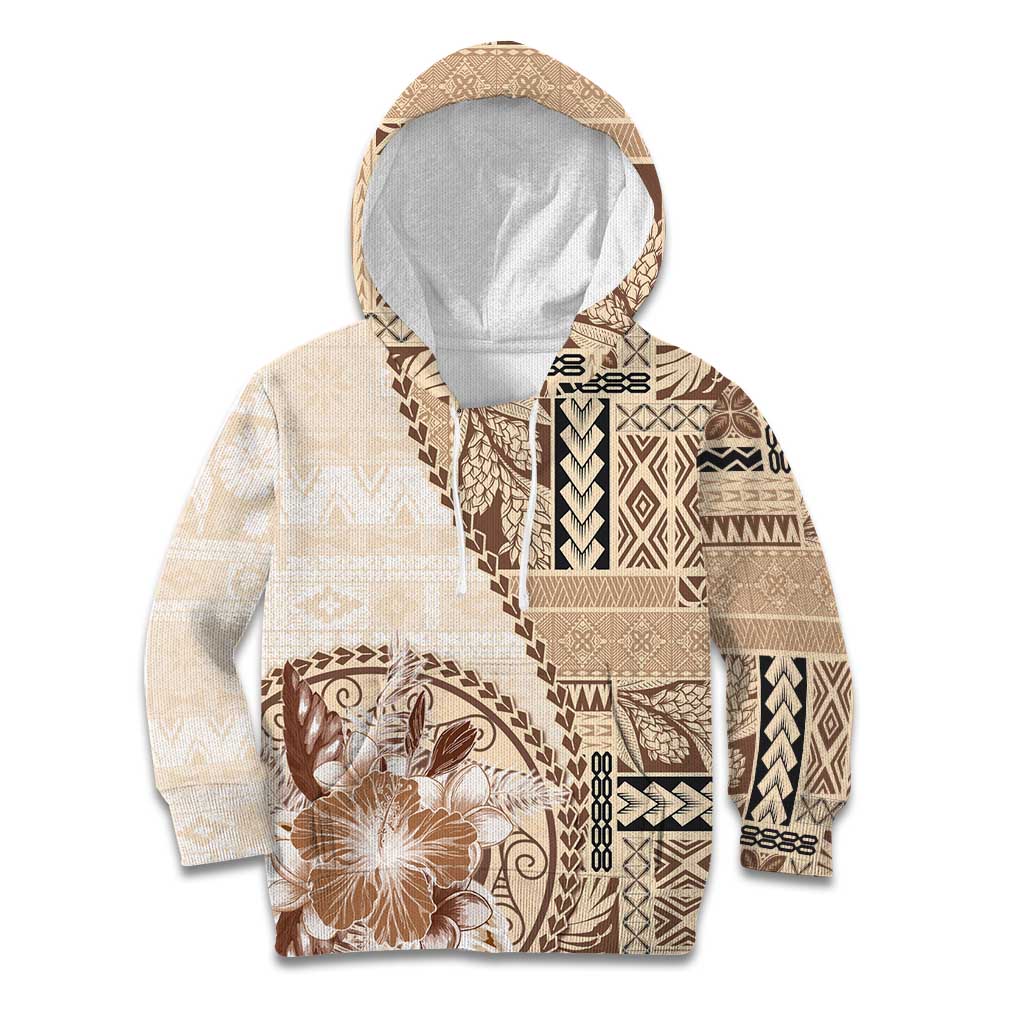 Samoa Siapo Elegant Kid Hoodie Hibiscus Beige Motifs - Polynesian Pride