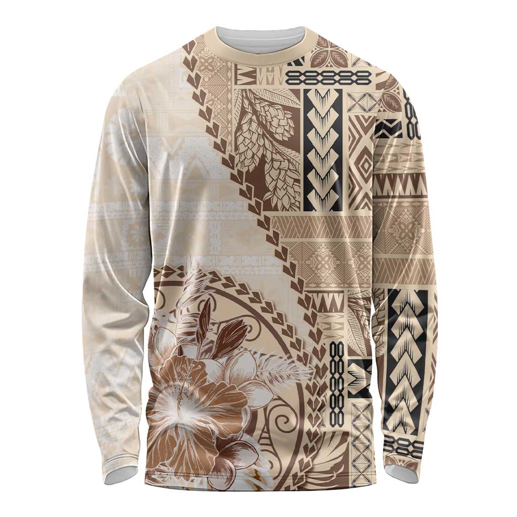 Samoa Siapo Elegant Long Sleeve Shirt Hibiscus Beige Motifs LT05 Unisex Beige - Polynesian Pride